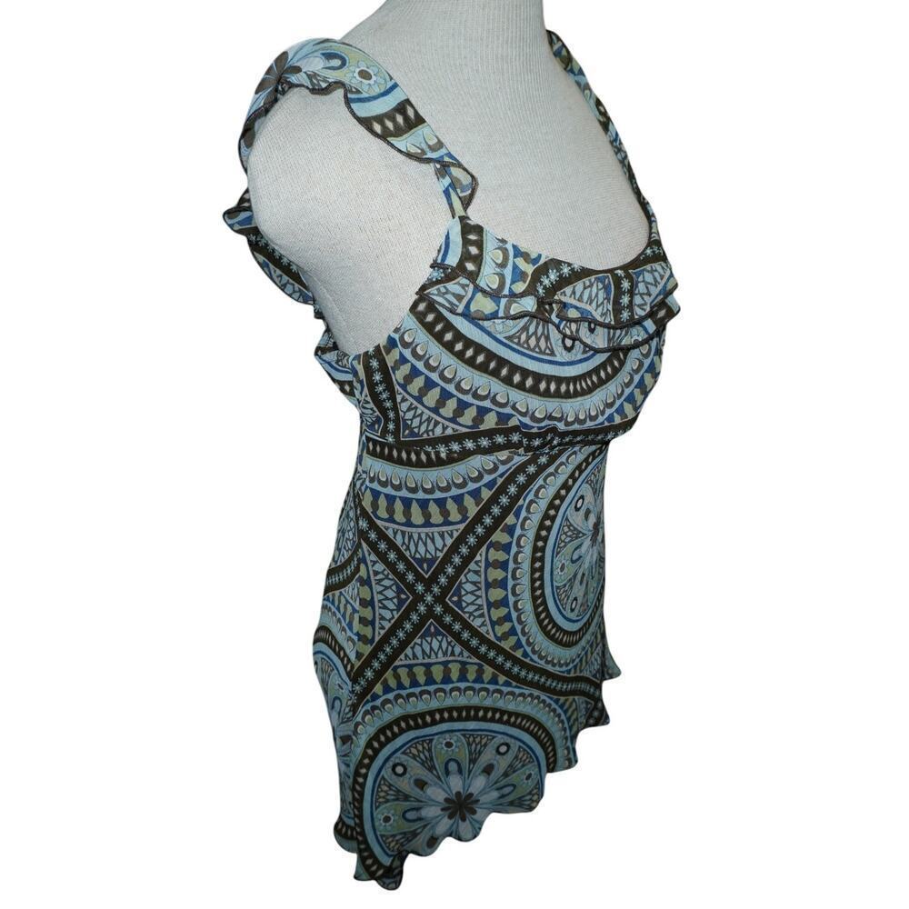 Byline Vintage Y2K Ruffle – Size L – Blue Psychedelic Boho Print – Made in USA